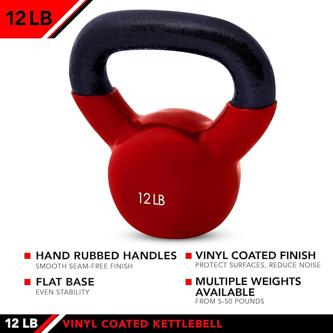 JFIT Kettlebell Weights Vinyl Coated Iron - 12 Size Options, 5lbs-50lbs - Coated for Floor and