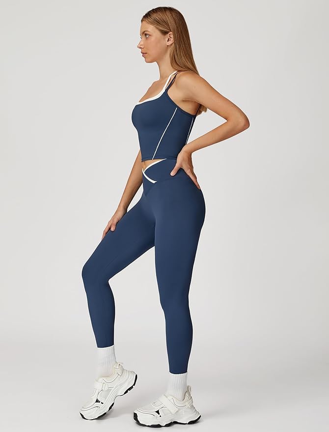ABOCIW Workout Sets for Women 2 Piece Color Block Strappy Sports Bra High Waist Leggings Gym Yoga