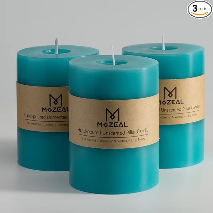 MOZEAL 3" x 4" Hand-Poured Unscented Candle,Dripless Pillar Candle Set of 3,Long Clean