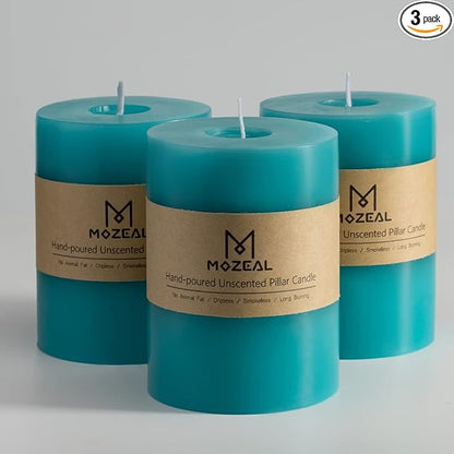 MOZEAL 3" x 4" Hand-Poured Unscented Candle,Dripless Pillar Candle Set of 3,Long Clean