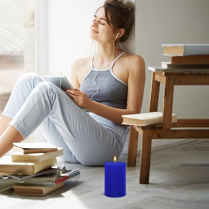 3 Packs 2.8x6 Inch Blue Colored Pillar Candles, Unscented Dripless Non-Toxic Smokeless Clean Long