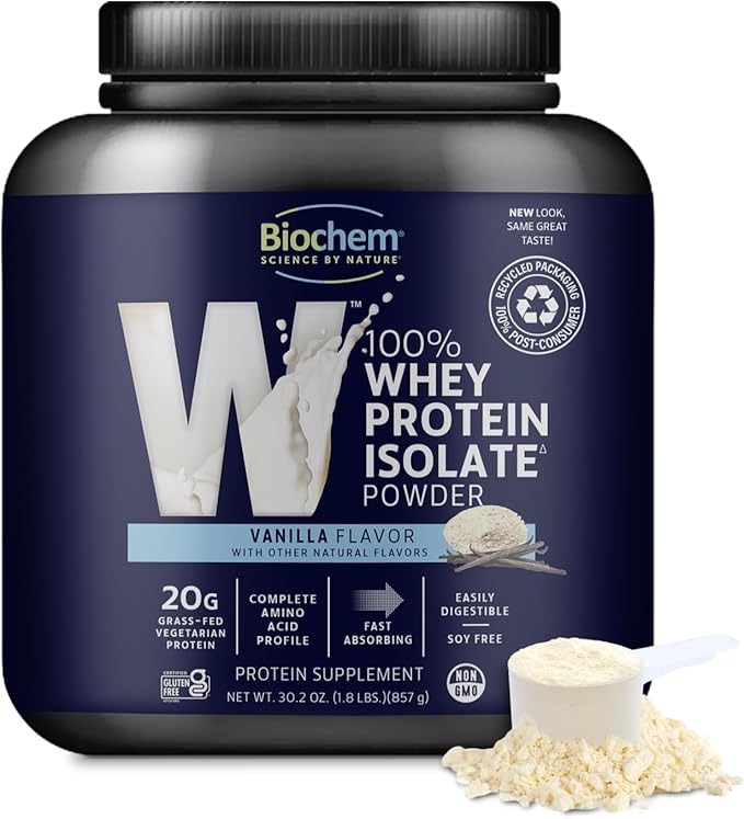 Biochem Whey Protein Isolate Powder - Vanilla Flavor, 20 Grams per Serving, Sourced from Grass Fed