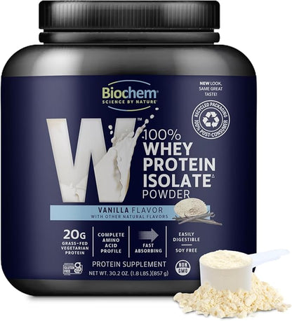 Biochem Whey Protein Isolate Powder - Vanilla Flavor, 20 Grams per Serving, Sourced from Grass Fed