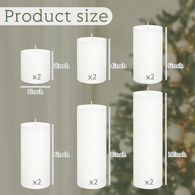 Shihanee 12 Pcs Pillar Candles 3 in x 3,4,5,6,8,10 Dripless Unscented Smokeless Candle Long Burning