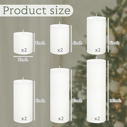 Shihanee 12 Pcs Pillar Candles 3 in x 3,4,5,6,8,10 Dripless Unscented Smokeless Candle Long Burning