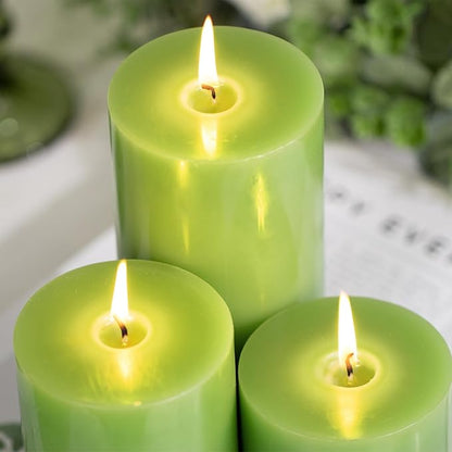KONNI Green Pillar Candles Set of 3, 3"x 6" Unscented Pillar Candles Bulk, 56 Hours Long Burning