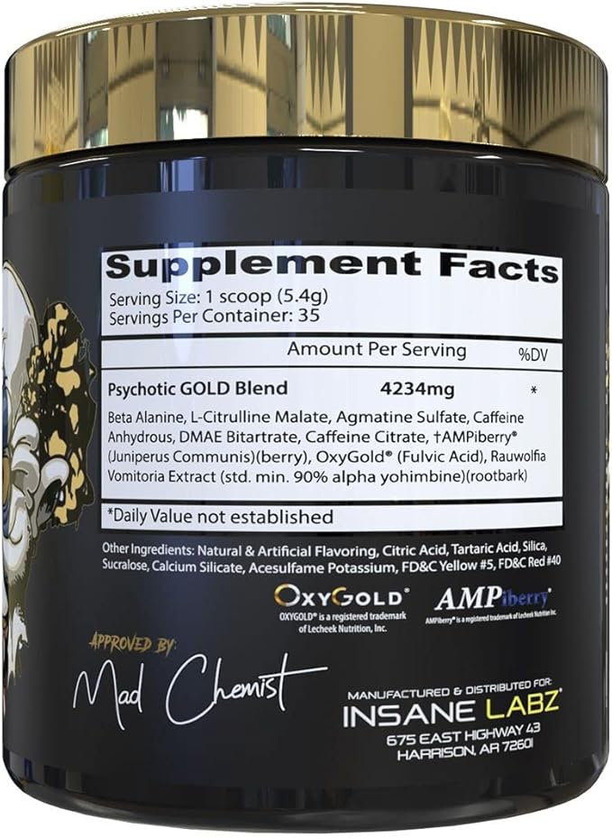 Insane Labz Psychotic Gold, High Stimulant Pre Workout Powder, Extreme Lasting Energy Focus, Pumps