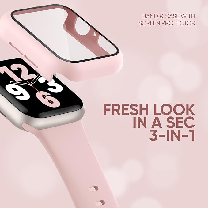 Compatible for Apple Watch Band 44mm 45mm and Case with Screen Protector, Soft Silicone Sport Strap