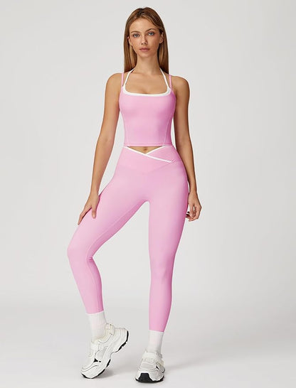ABOCIW Workout Sets for Women 2 Piece Color Block Strappy Sports Bra High Waist Leggings Gym Yoga