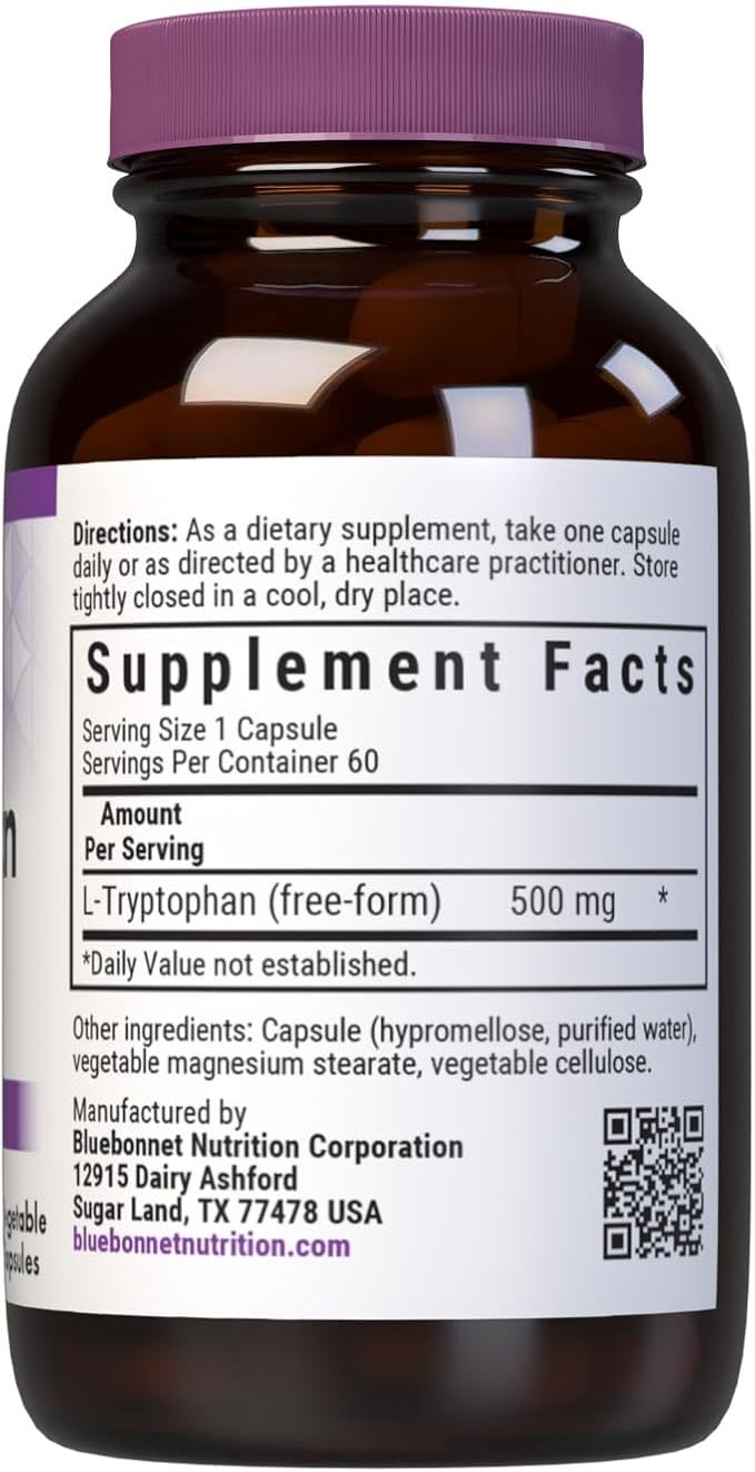 Bluebonnet Nutrition L-Trypotophan 500mg, for Neurotransmitting Support*, Supports Positive Mood*