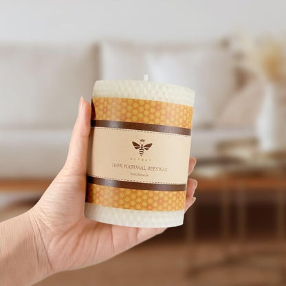 White Beeswax Pillar Candle - Handmade Pure Beeswax Rolled Candle for Gift & Home Decor (3×4 in)