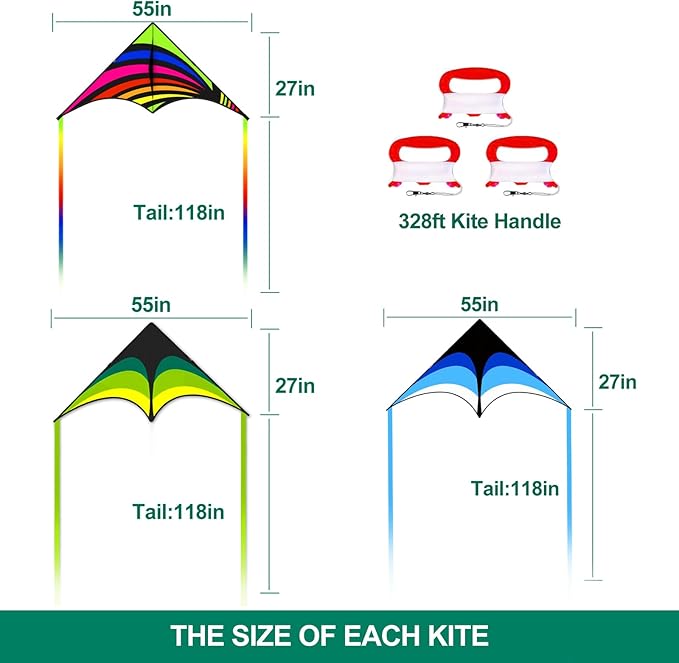 Mint's Colorful Life 3 Pack Delta Kites for Kids & Adults, Easy to Fly Large Kite Set for