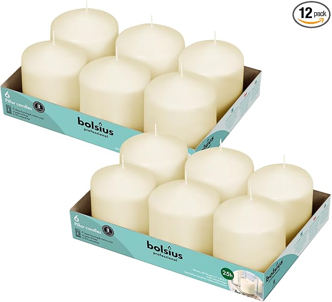 BOLSIUS 12 Ivory Pillar Candles Bulk - 3x3 Inches Candle Set - 25+ Hours Clean Burning - No Palm
