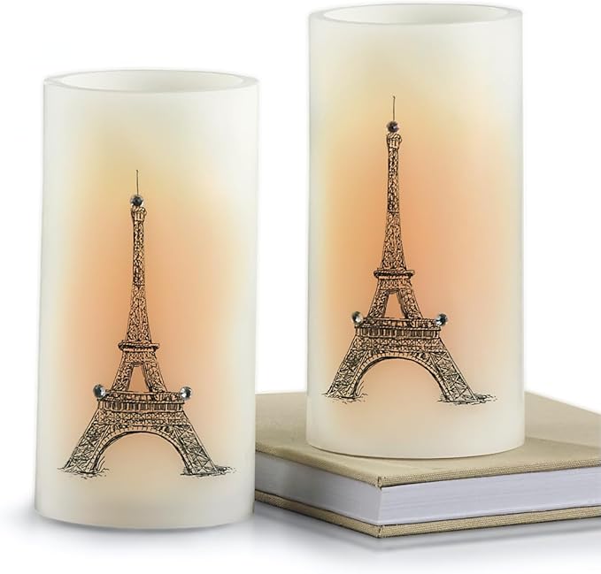 SAGEFINDS Eiffel Tower LED Candles, Set of 2, Flameless Real Wax Pillar Candles, Battery Operated