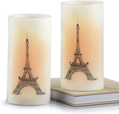SAGEFINDS Eiffel Tower LED Candles, Set of 2, Flameless Real Wax Pillar Candles, Battery Operated