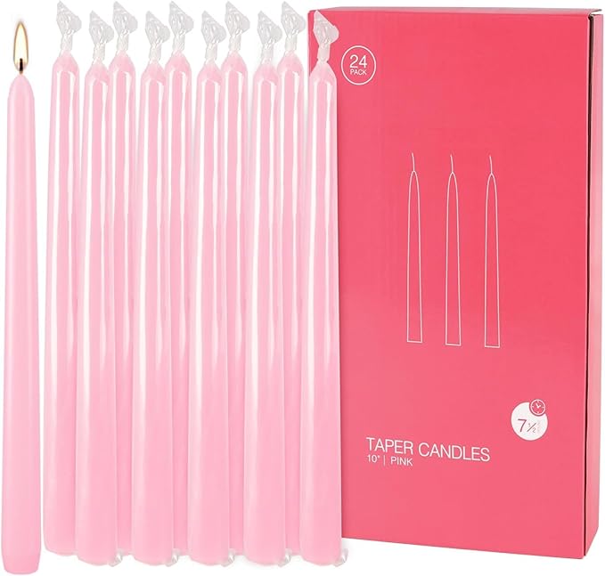24 Pack Pink Taper Candles, 7-8 Hours Burn Time, Unscented, Smokeless and Dripless, 0.75 x 10 Inch