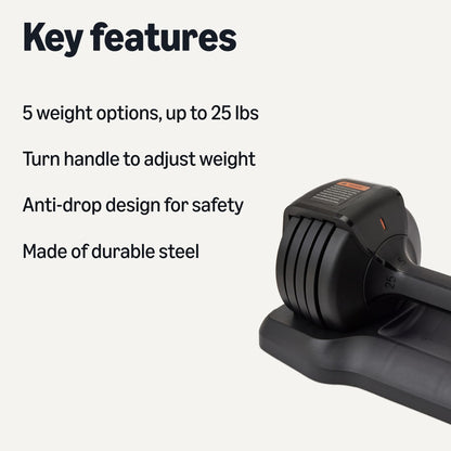 Amazon Basics Adjustable Dumbbell with 5 Weight Options, 25 lb, Single Dumbbell, Black