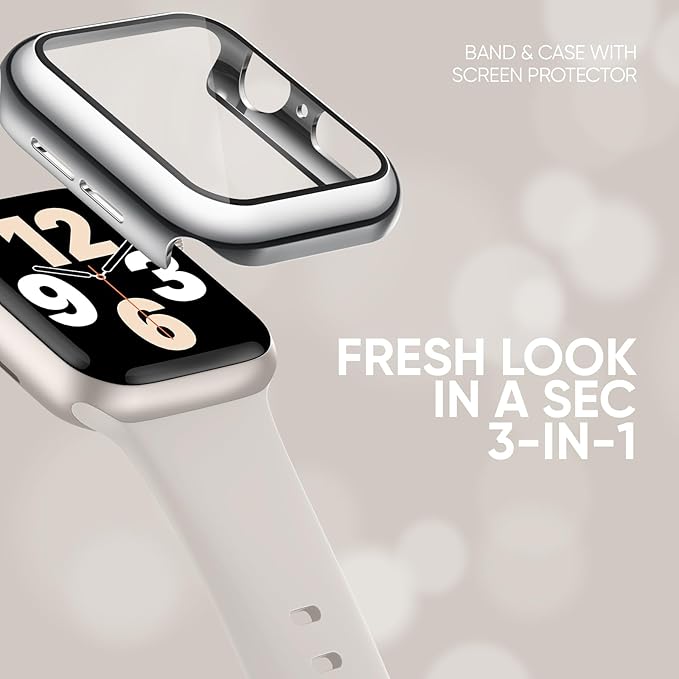 Compatible for Apple Watch Band 40mm 41mm and Case with Screen Protector, Soft Silicone Sport Strap