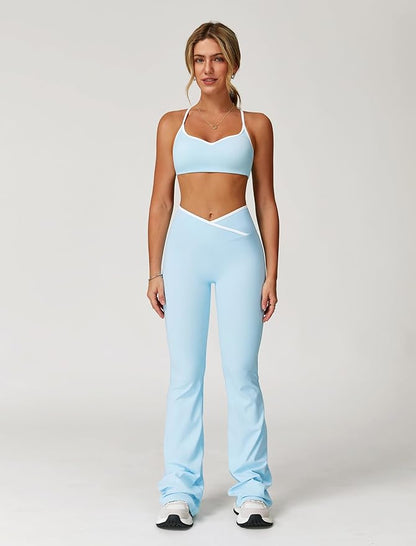 ABOCIW Workout Sets for Women 2 Piece Color Block Strappy Sports Bra High Waist Leggings Gym Yoga