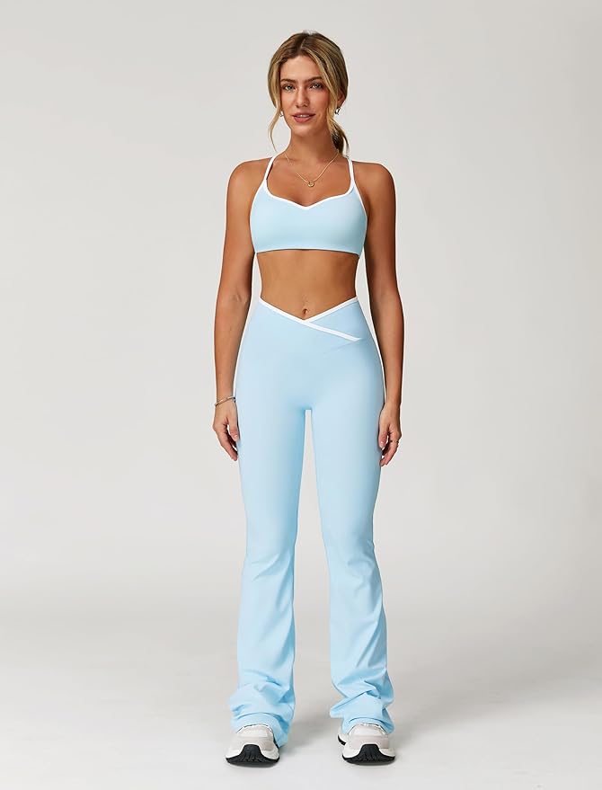 ABOCIW Workout Sets for Women 2 Piece Color Block Strappy Sports Bra High Waist Leggings Gym Yoga