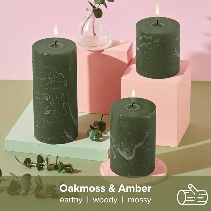 Simply Soson 3x6 inch Dark Moss Green Rustic Oakmoss Pillar Scented Candle - 3 Pack - for Home