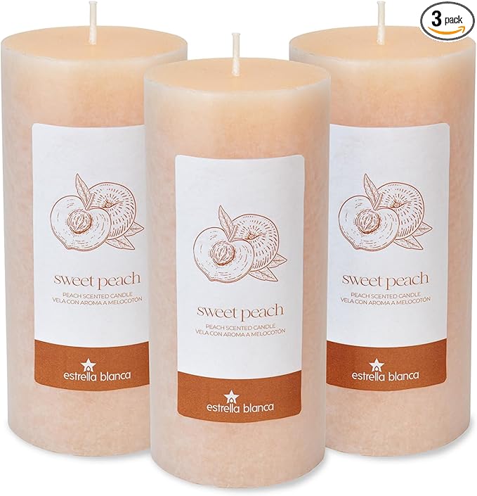 Peach Scented Light Orange Pillar Candles, 3x6 Inch Set of 3, Long Lasting Fall Candles for Home