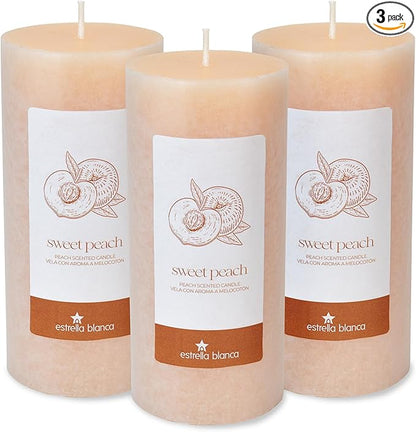 Peach Scented Light Orange Pillar Candles, 3x6 Inch Set of 3, Long Lasting Fall Candles for Home