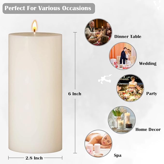 3 Packs 2.8x6 Inch Ivory Pillar Candles, Unscented Dripless Non-Toxic Smokeless Clean Long Lasting
