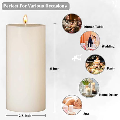3 Packs 2.8x6 Inch Ivory Pillar Candles, Unscented Dripless Non-Toxic Smokeless Clean Long Lasting