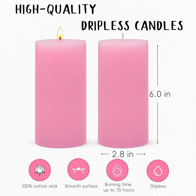 3 Packs 2.8x6 Inch Pink Pillar Candles, Unscented Dripless Large Wax Cylinder Column Candles for