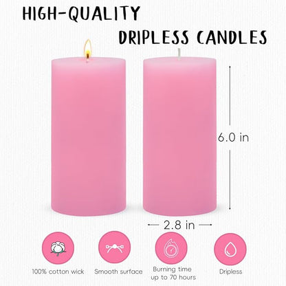3 Packs 2.8x6 Inch Pink Pillar Candles, Unscented Dripless Large Wax Cylinder Column Candles for