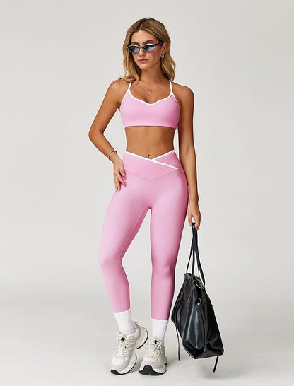 ABOCIW Workout Sets for Women 2 Piece Color Block Strappy Sports Bra High Waist Leggings Gym Yoga