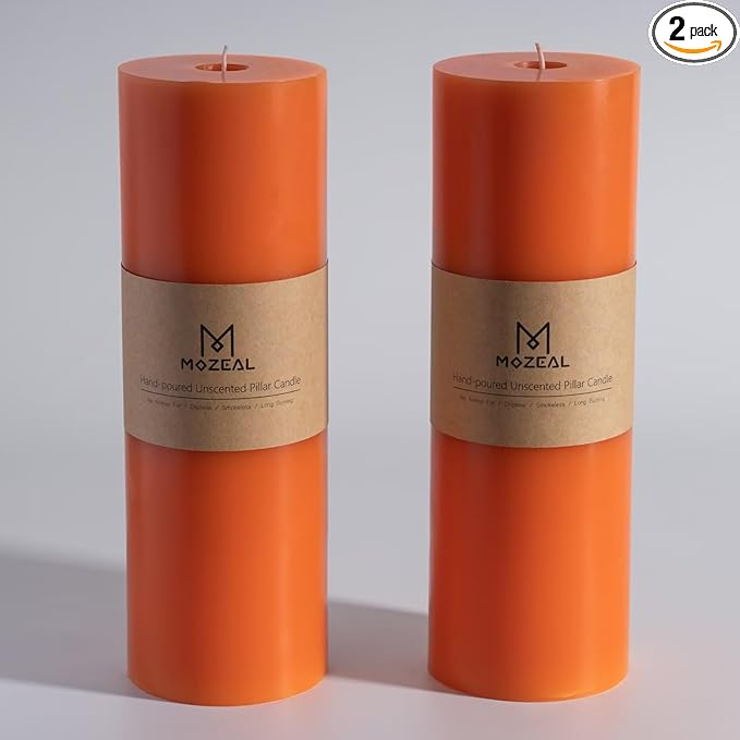 MOZEAL 4" x 12" Extra-Large Orange Pillar Candles (Set of 2), Unscented,Dripless, Smokeless,Long
