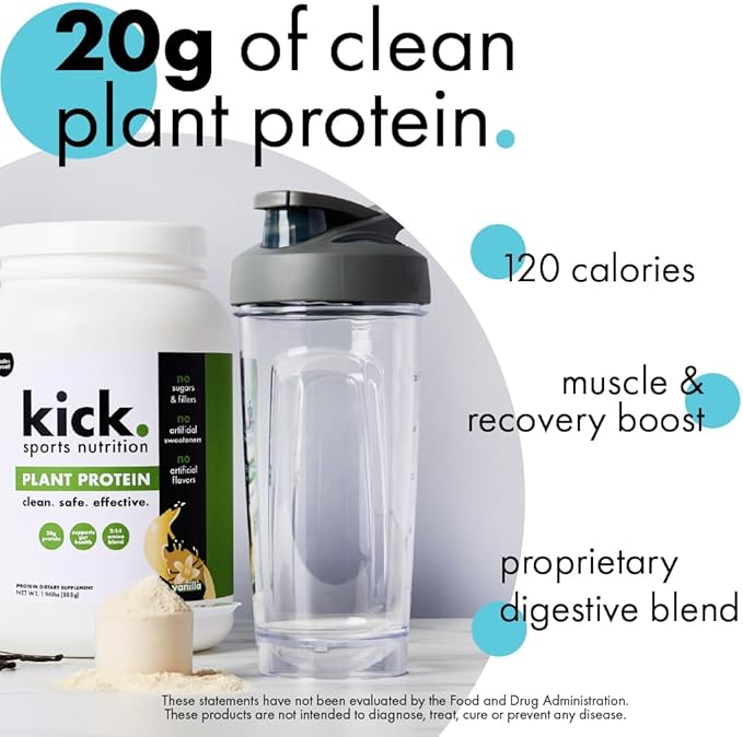 Kick Plant Protein Powder, Vanilla Flavor, 20 G Protein, Gluten Free Workout Supplement with Aminos
