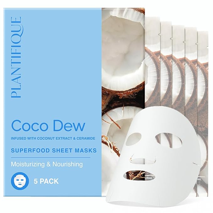 PLANTIFIQUE Facial Sheet Mask Coco Dew 5 Pack ??Moisturizing Face Mask with Coconut & Ceramide