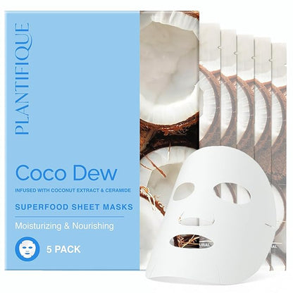 PLANTIFIQUE Facial Sheet Mask Coco Dew 5 Pack ??Moisturizing Face Mask with Coconut & Ceramide