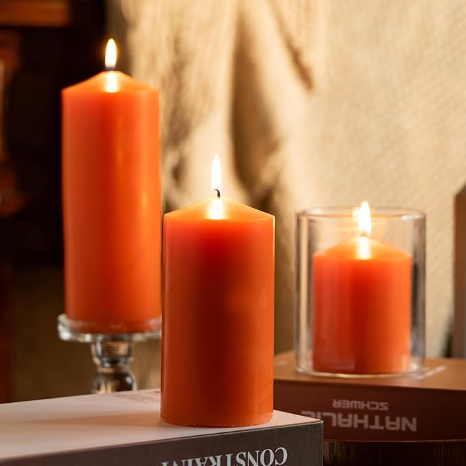 MOZEAL 3" x 8" Hand-Poured Unscented Candles,Large Orange Pillar Candles Set of 2,No Drip,Approx