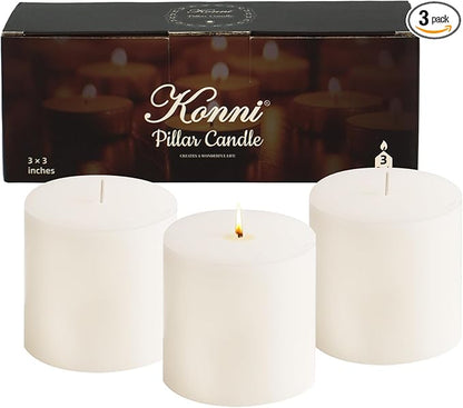 KONNI White Pillar Candles Set of 3, 3"x 3" Unscented Pillar Candles Bulk, 30 Hours Long Burning