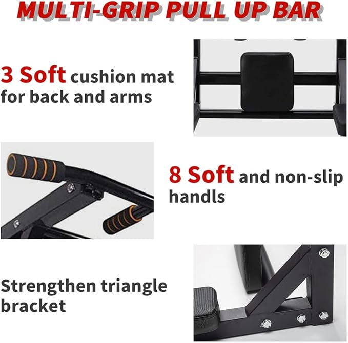 ptlsy Wall Mounted Pull Up Bar Multifunctional with Multi-grip Chin Up Bar Heavy Duty Dip Station