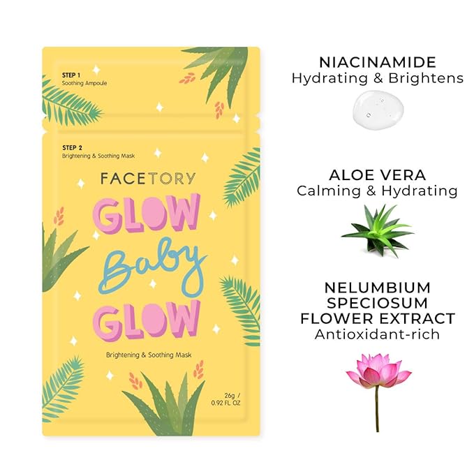 FACETORY K Beauty Face Mask Skin Care - Glow Baby Glow 2-Step Sheet Mask with Niacinamide & Aloe +
