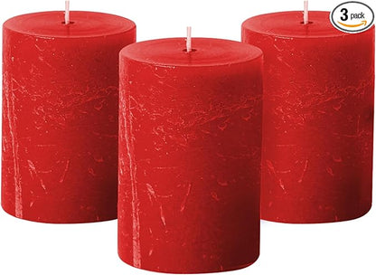 Simply Soson Red Rustic Texture Pillar Candles - 3x4 inch Set of 3 - Unscented Decorative Large