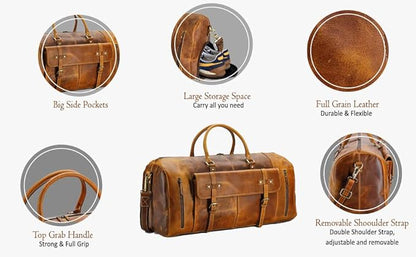 KomalC 24 Inch Leather Duffel Bags for Men and Women Full Grain Leather Travel Overnight Weekend