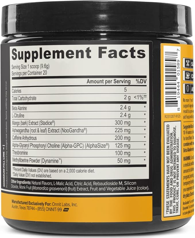 ONNIT Alpha Brain Pre-Workout Powder, Tiger's Blood Flavor, Pre-Workout Supplement for Women and