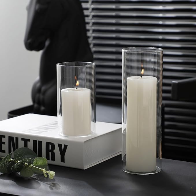 24 Pcs White Pillar Candles and Glass Candle Holders, Clear Cylinder Vases Pillar Candle Holders