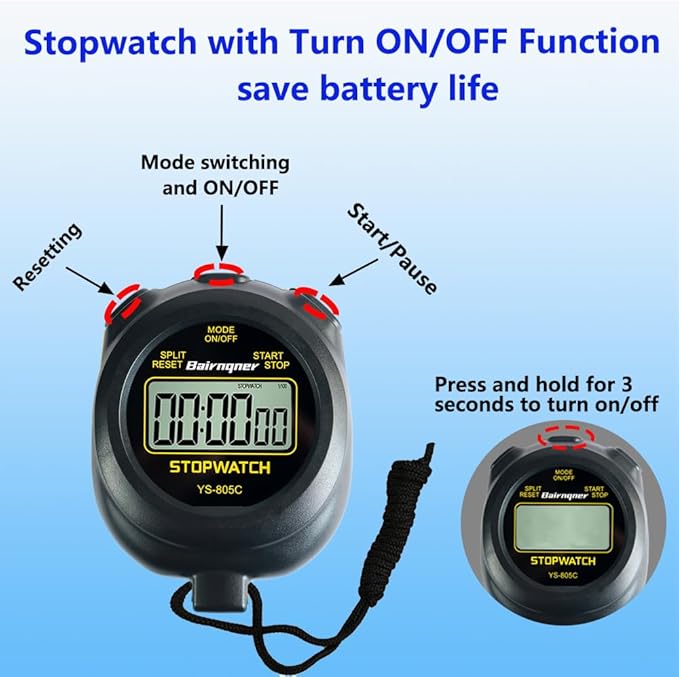 Stopwatch Timer with Countdown, ON/Off Simple Operation No Clock No Date, Digital Stop Watch for