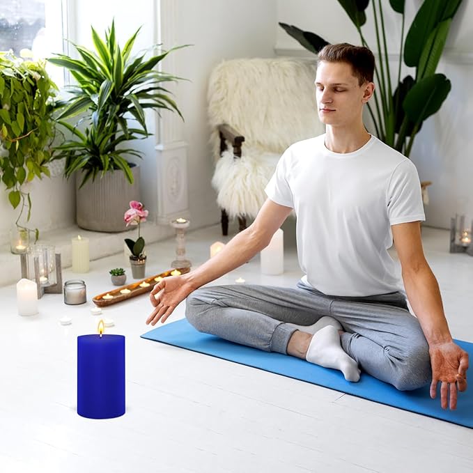 3 Packs 2.8x6 Inch Blue Colored Pillar Candles, Unscented Dripless Non-Toxic Smokeless Clean Long