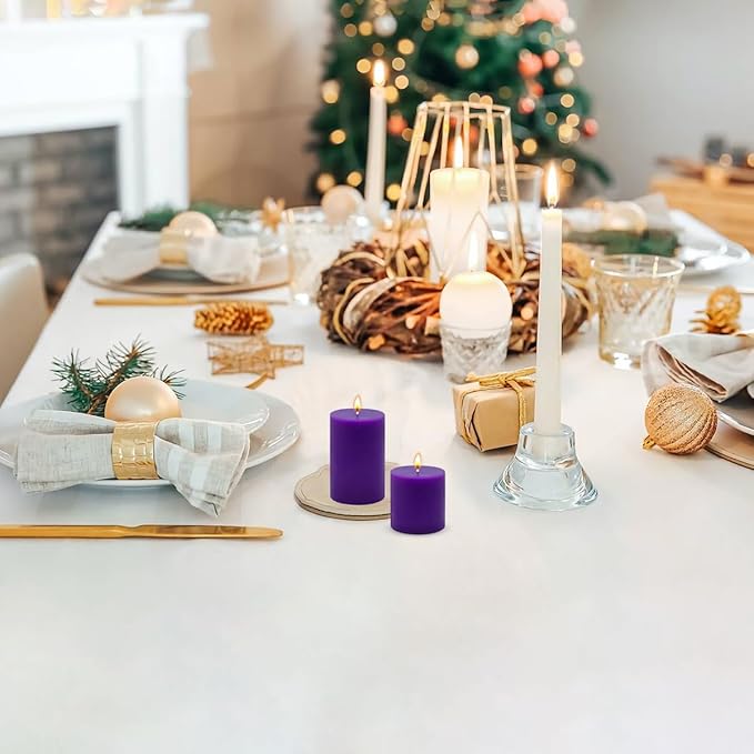 Purple Unscented Pillar Candles 3-Pack ??Dripless & Smokeless, Long-Burning Thick Candles (2",3",4"