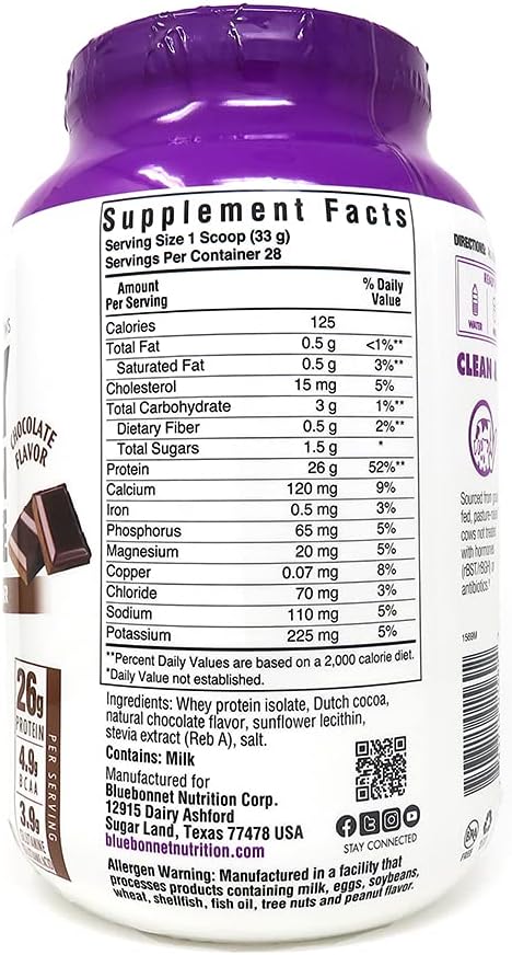 Bluebonnet Grass Fed Whey Protein Isolate 26 g Energy & Workout Recovery BCAA Amino Acids