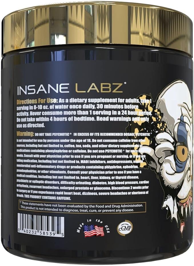 Insane Labz Psychotic Gold, High Stimulant Pre Workout Powder, Extreme Lasting Energy Focus, Pumps