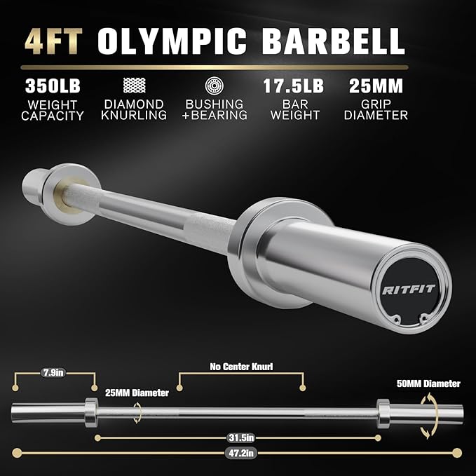 RITFIT Olympic Barbell 4ft/4.8ft/6ft - 2 Inch Weight Bar for Strength Training, Weightlifting